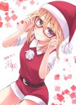  1girl belt bespectacled breasts dated glasses grin hat highres hikawa_shou idolmaster idolmaster_cinderella_girls idolmaster_cinderella_girls_starlight_stage lavender_eyes long_hair medium_breasts orange_hair pom_pom_(clothes) santa_costume santa_hat semi-rimless_eyewear short_sleeves shorts signature smile yuuki_haru 