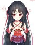  1girl absurdres black_hair eyebrows_visible_through_hair food hair_ornament highres inhoya2000 japanese_clothes kimono long_hair looking_at_viewer machine-doll_wa_kizutsukanai pocky pocky_day red_eyes smile yaya_(machine-doll) 