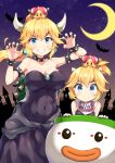  2girls absurdres bangs bare_shoulders bat bib black_dress black_nails blonde_hair blush bowsette bowsette_jr. bracelet breasts brooch claw_pose cleavage collar collarbone covered_navel crescent_moon crown dress earrings eyebrows_visible_through_hair fang_out fingernails forked_eyebrows grin hair_between_eyes halloween hands_up highres horns jewelry koopa_clown_car large_breasts long_hair looking_at_viewer super_mario_bros. medium_breasts miyabi_(miyabeeya) moon mother_and_daughter multiple_girls nail_polish new_super_mario_bros._u_deluxe night night_sky nintendo ponytail sharp_fingernails sharp_teeth sky smile spiked_armlet spiked_bracelet spiked_collar spiked_shell spikes star_(sky) starry_sky strapless strapless_dress teeth thick_eyebrows turtle_shell v-shaped_eyebrows 