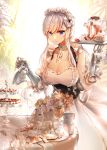  1girl absurdres apron arm_guards azur_lane bangs belfast_(azur_lane) blue_eyes blush braid breasts cake cake_stand chains cleavage collar collarbone corset cup danyagoe dress eyebrows_visible_through_hair flower food french_braid frilled_gloves frills glitch gloves highres holding holding_teapot holding_tray large_breasts long_hair looking_at_viewer maid maid_headdress pouring ribbon saucer sidelocks silver_hair smile solo table tray white_gloves 