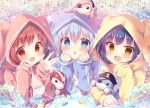  3girls :d :o animal_hood bangs black_hair blue_eyes blue_hair blue_hoodie blush bunny_hood chin_rest commentary_request eyepatch gochuumon_wa_usagi_desu_ka? hat hood hood_up jouga_maya kafuu_chino long_sleeves looking_at_viewer lying mitsumomo_mamu multiple_girls natsu_megumi object_on_head on_stomach open_mouth petals pirate_hat red_eyes red_hoodie redhead smile stuffed_animal stuffed_bunny stuffed_toy waving yellow_eyes yellow_hoodie 