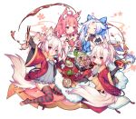  4girls :d animal_ear_fluff animal_ears bangs bare_shoulders blue_bow blush bow bowl braid character_request chopsticks cup cushion dress eyebrows_visible_through_hair feeding flower food fur_trim grey_shirt hair_between_eyes hair_ornament hand_on_own_cheek hand_up haori holding holding_bowl holding_chopsticks japanese_clothes kai-ri-sei_million_arthur kneeling kotatsu long_hair long_sleeves low_twintails million_arthur_(series) multicolored_hair multiple_girls no_shoes open_mouth pillow plaid plaid_pillow plate pleated_skirt ponytail red_eyes red_flower redhead shirt simple_background skirt smile streaked_hair striped striped_legwear table tail thigh-highs toeless_legwear twin_braids twintails utm very_long_hair white_background white_dress white_hair wide_sleeves yunomi zabuton 