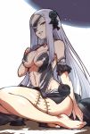 1girl bare_shoulders barefoot breasts cleavage elbow_gloves eyepatch gloves groin hair_ornament hijiri long_hair looking_at_viewer medium_breasts megido72 navel silver_hair solo stitches thighs toes very_long_hair 