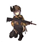  1girl black_legwear camouflage commentary gloves gun headset helmet highres holding holding_gun holding_weapon military night_vision_device original purple_hair seallllion short_hair short_shorts shorts solo squatting thigh-highs trigger_discipline weapon weapon_request white_background 