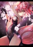  1girl animal_ears artist_request bangs bare_shoulders bell black_dress black_gloves breasts center_opening china_dress chinese_clothes closed_mouth dress fate/grand_order fate_(series) fox_ears fox_girl fox_tail glasses gloves hair_between_eyes highres hips jingle_bell koyanskaya large_breasts long_hair looking_at_viewer petals pink_hair smile solo tail tassel thighs tied_hair under_boob yellow_eyes 