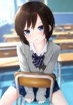  1girl blue_eyes blue_skirt blurry blurry_background blush bow bowtie brown_hair cardigan chair classroom commentary_request depth_of_field desk grey_cardigan highres indoors long_sleeves looking_at_viewer mito_ichijyo original parted_lips pleated_skirt school school_desk school_uniform shirt short_hair sitting skirt sleeves_past_wrists solo v_arms white_shirt window 