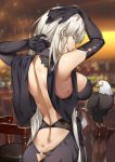  1girl ass azur_lane bald_eagle bangs bar bare_shoulders bird black_dress black_gloves blurry blurry_background breasts butt_crack dress eagle elbow_gloves enterprise_(azur_lane) from_behind gloves hands_on_head highres indoors large_breasts long_hair looking_at_viewer nanaya_(daaijianglin) o-ring open_mouth shoulder_blades silver_hair smile solo very_long_hair violet_eyes 