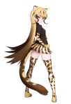1girl black_shirt blonde_hair boots brown_hair cheetah_ears cheetah_print cheetah_tail elbow_gloves extra_ears from_behind frown full_body gloves gradient_hair hands_on_hips ise_(0425) kemono_friends king_cheetah_(kemono_friends) knee_boots long_hair looking_back multicolored_hair print_footwear print_gloves print_legwear print_skirt shirt simple_background skirt solo standing tail thigh-highs v-shaped_eyebrows very_long_hair white_background yellow_eyes zettai_ryouiki