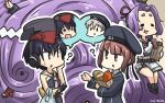  3girls =_= ? asymmetrical_hair bag black_hair black_swimsuit blue_dress blue_eyes brown_eyes clothes_writing commentary_request dated dress food framed_breasts gloves groceries hair_between_eyes hamu_koutarou hat hatsuharu_(kantai_collection) headphones highres i-13_(kantai_collection) i-14_(kantai_collection) kantai_collection long_hair multiple_girls one-piece_swimsuit paper_bag partly_fingerless_gloves peaked_cap plastic_bag ponytail purple_hair remodel_(kantai_collection) sailor_collar sailor_dress sailor_hat school_swimsuit short_hair silver_hair single_glove sitting speech_bubble sweet_potato swimsuit tsurime white_sailor_collar z1_leberecht_maass_(kantai_collection) z3_max_schultz_(kantai_collection) 