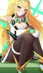  1girl alternate_costume armor bangs blonde_hair blush breasts covered_navel earrings gem gloves headpiece highres mythra_(xenoblade) ippers jewelry long_hair looking_at_viewer nintendo pantyhose simple_background super_smash_bros. super_smash_bros._ultimate swept_bangs tiara xenoblade_(series) xenoblade_2 yellow_eyes 