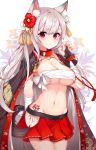  1girl :3 absurdres animal_ear_fluff animal_ears azur_lane bandage bandaged_arm bandages bangs black_coat blush breasts budget_sarashi claw_pose cleavage closed_mouth collar commentary_request cowboy_shot dog_ears dog_tail eyebrows_visible_through_hair floral_background flower groin hair_flower hair_ornament hand_up highres hip_vent jacket_on_shoulders lebring looking_at_viewer medium_breasts miniskirt nail_polish navel panties pleated_skirt red_eyes red_flower red_nails red_skirt sarashi side-tie_panties silver_hair skirt smile solo spiked_collar spikes standing stomach tail tassel tattoo thick_eyebrows under_boob underwear white_flower white_panties yuudachi_(azur_lane) 