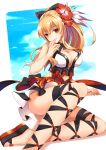  1girl black_bow blonde_hair bow breasts cleavage criss-cross_halter flower granblue_fantasy hair_bow hair_flower hair_ornament halterneck hand_to_own_mouth hibiscus highres large_breasts long_hair looking_at_viewer orange_eyes platform_footwear ponytail red_bow rx7649 slippers smile solo thigh-highs vira_lilie 