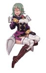  1girl absurdres black_gloves boots closed_eyes commission cosplay dress earrings ebinku fire_emblem fire_emblem:_kakusei fire_emblem_heroes full_body gloves gradient_hair green_hair highres jewelry knee_boots laegjarn_(fire_emblem_heroes) long_sleeves mark_(female)_(fire_emblem) mark_(female)_(fire_emblem)_(cosplay) mark_(fire_emblem) multicolored_hair nintendo open_mouth orange_hair short_hair simple_background sitting solo thigh-highs white_background 