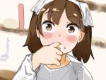  ! 1girl bangs blush brown_eyes brown_hair clothing_request co_botan commentary_request dot_nose eyebrows_visible_through_hair finger_in_mouth hand_up kantai_collection long_sleeves medium_hair raised_eyebrows ryuujou_(kantai_collection) short_twintails sketch_eyebrows solo twintails upper_body wide-eyed 