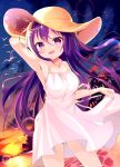  1girl :d arm_behind_head breasts collarbone cowboy_shot dress dusk floating_hair gochuumon_wa_usagi_desu_ka? hair_between_eyes hat highres lens_flare long_hair looking_at_viewer medium_breasts open_mouth outdoors pix_mloof purple_hair shiny shiny_hair short_dress skirt_hold sky sleeveless sleeveless_dress smile solo standing star_(sky) starry_sky sun_hat sundress tedeza_rize very_long_hair violet_eyes white_dress yellow_hat 