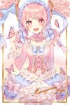  1girl bang_dream! bangs blue_neckwear blue_ribbon blush bonnet bow bug butterfly butterfly_on_finger center_frills character_name collarbone cowboy_shot dress flower frilled_dress frills hand_up highres insect looking_at_viewer maruyama_aya pantyhose pink_bow pink_eyes pink_flower pink_hair pink_neckwear pink_rose ribbon rose sidelocks solo sparkle striped striped_bow striped_neckwear striped_ribbon taya_5323203 twintails twitter_username wrist_cuffs 