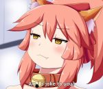  1girl animal_ear_fluff animal_ears belt_collar blurry blurry_background bow bright_pupils commentary depth_of_field english english_commentary eyebrows_visible_through_hair fake_screenshot fang fang_out fate/grand_order fate_(series) fox_ears hair_bow highres keita_naruzawa parody pink_hair ponytail portrait red_bow solo subtitled tamamo_(fate)_(all) tamamo_cat_(fate) yellow_eyes 