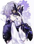  1boy blue_eyes fate/grand_order fate_(series) fingerless_gloves flower gao_changgong_(fate) gloves hair_between_eyes highres kaa male_focus mask mask_removed open_mouth short_hair silver_hair solo 