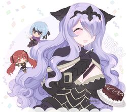  3girls berka_(fire_emblem_if) black_armor black_eyes black_headband blue_hair breasts camilla_(fire_emblem_if) cleavage closed_eyes fire_emblem fire_emblem_if gloves hair_over_one_eye headband long_hair luna_(fire_emblem_if) multiple_girls nintendo open_mouth plate plushcharm purple_hair red_eyes redhead short_hair tiara twintails twitter_username 