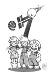 3boys arm_around_shoulder chibi cloud_strife commentary_request countdown final_fantasy final_fantasy_vii greyscale grin hal_laboratory_inc. hand_on_hip highres hoshi_no_kirby kirby kirby_(series) link male_focus mario super_mario_bros. monochrome multiple_boys nintendo nomura_tetsuya number overalls pointy_ears ponytail signature simple_background smile sora_(company) square_enix super_smash_bros. super_smash_bros._ultimate the_legend_of_zelda the_legend_of_zelda:_breath_of_the_wild tunic white_background 