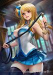  1girl ass_visible_through_thighs black_legwear blonde_hair blue_skirt blurry blurry_background breasts brown_eyes cleavage cowboy_shot fairy_tail holding large_breasts long_hair looking_at_viewer lucy_heartfilia nudtawut_thongmai one_side_up parted_lips patreon_username pleated_skirt skirt sleeveless solo standing thigh-highs whip 