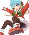  1girl alchera alternate_costume blonde_hair blue_hair buttons christmas commentary_request fang gradient_hair green_ribbon hands_up hat jumping kantai_collection long_hair looking_at_viewer multicolored_hair open_mouth pantyhose red_eyes ribbon rudder_shoes sado_(kantai_collection) santa_costume santa_hat smile solo tsurime 