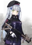  1girl assault_rifle bangs beret blunt_bangs blush breasts clothes_writing commentary_request eyebrows_visible_through_hair facial_mark girls_frontline gloves green_eyes gun hair_ornament hat heckler_&amp;_koch highres hk416 hk416_(girls_frontline) holding holding_gun holding_weapon iron_cross long_hair looking_at_viewer medium_breasts military military_uniform nagishiro_mito open_mouth parted_lips revision rifle sidelocks silver_hair skirt snow snowing solo standing teardrop trigger_discipline uniform weapon white_gloves wind 