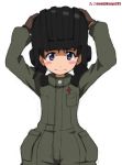  1girl arms_up artist_name bangs black_gloves black_hat blue_eyes blush_stickers brown_hair closed_mouth commentary cowboy_shot emblem girls_und_panzer gloves green_jumpsuit hands_on_headwear hat katyusha kayabakoro looking_at_viewer nina_(girls_und_panzer) pravda_military_uniform short_hair simple_background sketch smile solo standing tank_helmet twitter_username white_background 