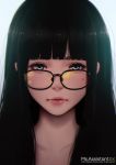  1girl bangs black-framed_eyewear black_hair blue_eyes blunt_bangs close-up closed_mouth face glasses lips long_hair looking_at_viewer magion02 mole mole_under_eye ms.assistant portrait solo watermark white_background 