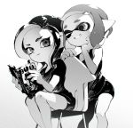  2girls chair greyscale hand_on_own_face inkling leaning_forward looking_at_another magazine medium_hair monochrome multiple_girls octoling one_eye_closed reading shimidu_sp short_hair short_shorts shorts simple_background sitting smile splatoon splatoon_(series) splatoon_2 tank_top tentacle_hair white_background 