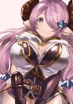 1girl absurdres belt black_gloves black_panties blue_eyes blush breasts breasts_apart bright_pupils cleavage elbow_gloves gloves granblue_fantasy hair_ornament hair_over_one_eye hairclip highres horns long_hair low-tied_long_hair maou_(maoudaisukiya) mismatched_gloves narmaya_(granblue_fantasy) open_clothes panties pointy_ears purple_hair smile solo underwear v_arms very_long_hair white_background 