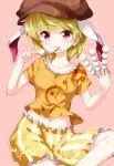  1girl animal_ears blonde_hair breasts brown_hat collarbone commentary_request dango ear_clip eating eyebrows_visible_through_hair feet_out_of_frame flat_cap floppy_ears food frills hat highres holding holding_food medium_breasts midriff moon_rabbit orange_shirt rabbit_ears ringo_(touhou) ruu_(tksymkw) shirt short_hair shorts skewer solo striped striped_shorts touhou vertical-striped_shorts vertical_stripes wagashi white_shorts yellow_shorts 