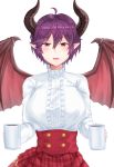  1girl ahoge blush breasts calligraphy_brush_(medium) center_frills cup dragon_girl dragon_horns dragon_wings eyebrows_visible_through_hair frilled_shirt granblue_fantasy grea_(shingeki_no_bahamut) hair_between_eyes high-waist_skirt highres holding holding_cup horns large_breasts looking_at_viewer mug open_mouth plaid plaid_skirt pointy_ears purple_hair red_eyes red_skirt shingeki_no_bahamut shirt short_hair simple_background skirt solo springveiv white_background white_shirt wings 