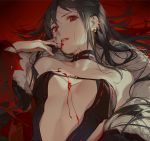  1girl ask_(askzy) blood blood_on_face breasts brown_hair center_opening choker consort_yu_(fate) earrings fate/grand_order fate_(series) fur_collar jewelry long_hair lying on_back red_eyes small_breasts 