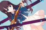  1girl amamiya_chiharu black_hair blue_background blue_eyes dress film_strip long_hair original oversized_object scissors solo star white_dress 