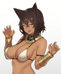  1girl animal_ears bangs bare_shoulders bastet_(houtengeki) breasts cat_ears cleavage commentary_request dark_skin eyebrows_visible_through_hair houtengeki large_breasts looking_at_viewer open_mouth original paw_pose shiny shiny_hair simple_background smile solo 