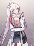  1girl alternate_costume bag blouse blue_eyes blush ecru eyebrows_visible_through_hair eyes_visible_through_hair handbag jacket looking_at_viewer pants rwby scar scar_across_eye scarf solo weiss_schnee white_hair 