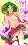  1girl ahoge ass_visible_through_thighs bikini bikini_under_clothes breasts cero_(cerocero) green_hair hair_ornament looking_at_viewer macross macross_frontier midriff navel open_clothes open_mouth partially_undressed pink_bikini ranka_lee red_eyes short_hair side-tie_bikini small_breasts smile solo swimsuit thigh-highs 