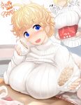 1girl baozi blonde_hair blue_eyes blush box breasts commentary_request curly_hair food highres huge_breasts looking_at_viewer mizuyan open_mouth original raised_eyebrows ribbed_sweater short_hair smile solo sweater table translation_request turtleneck 