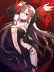  1girl arched_back arms_up bangs black_choker black_dress black_jacket breasts brown_hair choker cleavage collarbone commentary_request consort_yu_(fate) dress eyebrows_visible_through_hair fate/grand_order fate_(series) fur-trimmed_jacket fur_trim hair_between_eyes head_tilt highres jacket long_hair long_sleeves looking_at_viewer medium_breasts navel open_clothes open_jacket parted_lips red_eyes ririko_(zhuoyandesailaer) sleeves_past_wrists solo strapless strapless_dress very_long_hair wide_sleeves 