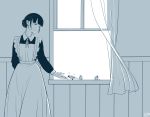 1girl apron bird blue dress hair_bun maid original victorian_maid window yoekosukii 