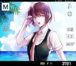  1girl :o brown_hair clouds dangan_ronpa day eyebrows_visible_through_hair hair_between_eyes koizumi_mahiru necktie ocean outdoors shirt short_hair short_sleeves solo super_dangan_ronpa_2 upper_body white_shirt yellow_eyes z-epto_(chat-noir86) 