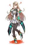  1girl alternate_costume armor bangs blonde_hair blush breasts earrings full_body gem gloves headpiece highres mythra_(xenoblade) jewelry long_hair looking_at_viewer nintendo pantyhose shimo_(s_kaminaka) simple_background smile solo super_smash_bros. super_smash_bros._ultimate swept_bangs tiara xenoblade_(series) xenoblade_2 yellow_eyes 