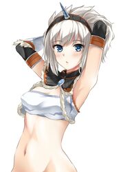  adjusting_hair armpits arms_up blue_eyes blush breasts capelet cleavage hair_ornament highres horns kirin_(armor) kuon_makoto midriff monster_hunter monster_hunter:_world navel open_mouth sleeveless small_breasts strapless tubetop vambraces white_hair 