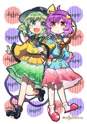  2girls :d artist_name blush commentary_request floral_print full_body green_eyes green_hair green_skirt hat heart heart_of_string komeiji_koishi komeiji_satori mogamiya_honu multiple_girls open_mouth pink_skirt purple_hair red_eyes skirt slippers smile third_eye touhou white_background 