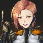  &gt;:) 1girl artist_name bodysuit brown_hair ember_(warframe) eyebrows_visible_through_hair fire flame grin hand_up humanization looking_at_viewer short_hair simple_background smile solo upper_body upper_teeth warframe yellow_eyes zxpfer 
