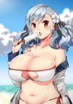  1girl absurdres bangs bare_shoulders beach belly bikini black_ribbon breasts clouds collarbone day eating eyebrows_visible_through_hair flower food girls_frontline hair_flower hair_ornament hair_ribbon highres hood hoodie ice_cream kirochef large_breasts long_hair long_sleeves looking_at_viewer ocean off_shoulder open_clothes open_hoodie open_mouth outdoors popsicle red_eyes ribbon side-tie_bikini silver_hair skindentation sky solo spas-12_(girls_frontline) spill strapless strapless_bikini swept_bangs swimsuit underboob_cutout wavy_hair white_bikini 