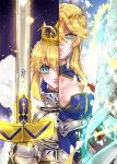  2girls absurdres ahoge armor armored_dress artoria_pendragon_(all) artoria_pendragon_(lancer) bangs blonde_hair blouse braid breasts cape crown dual_persona excalibur fate/stay_night fate_(series) french_braid fur_trim green_eyes hair_between_eyes hair_ribbon highres holding holding_sword holding_weapon lance large_breasts multiple_girls polearm red_cape rhongomyniad ribbon saber sicosicosanma sidelocks skirt swept_bangs sword weapon 