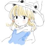  1girl bangs blonde_hair blush_stickers closed_mouth conose expressionless hair_ornament hat looking_at_viewer medium_hair moriya_suwako partially_colored simple_background sketch solo touhou turtleneck upper_body white_background 