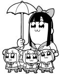 5girls :3 bangs bkub bow clenched_hand commentary_request eyebrows_visible_through_hair facing_away greyscale hair_bow hair_ornament hair_scrunchie halftone holding holding_umbrella long_hair looking_up monochrome multiple_girls pipimi poptepipic popuko school_uniform scrunchie serafuku shoes short_hair short_twintails sidelocks simple_background skirt twintails two_side_up umbrella white_background 